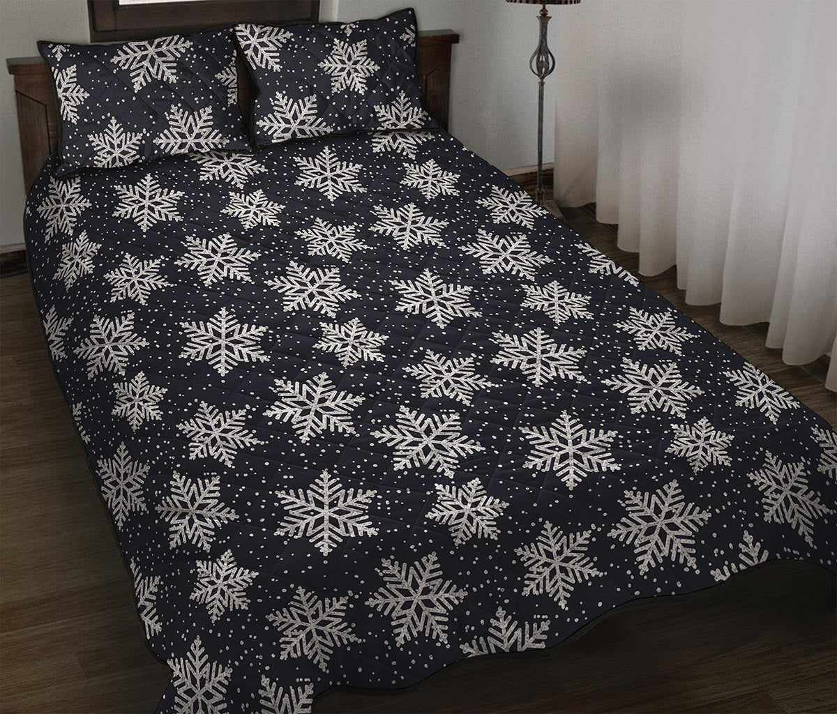 Blue And Silver Snowflake Pattern Print Quilt Bed Set