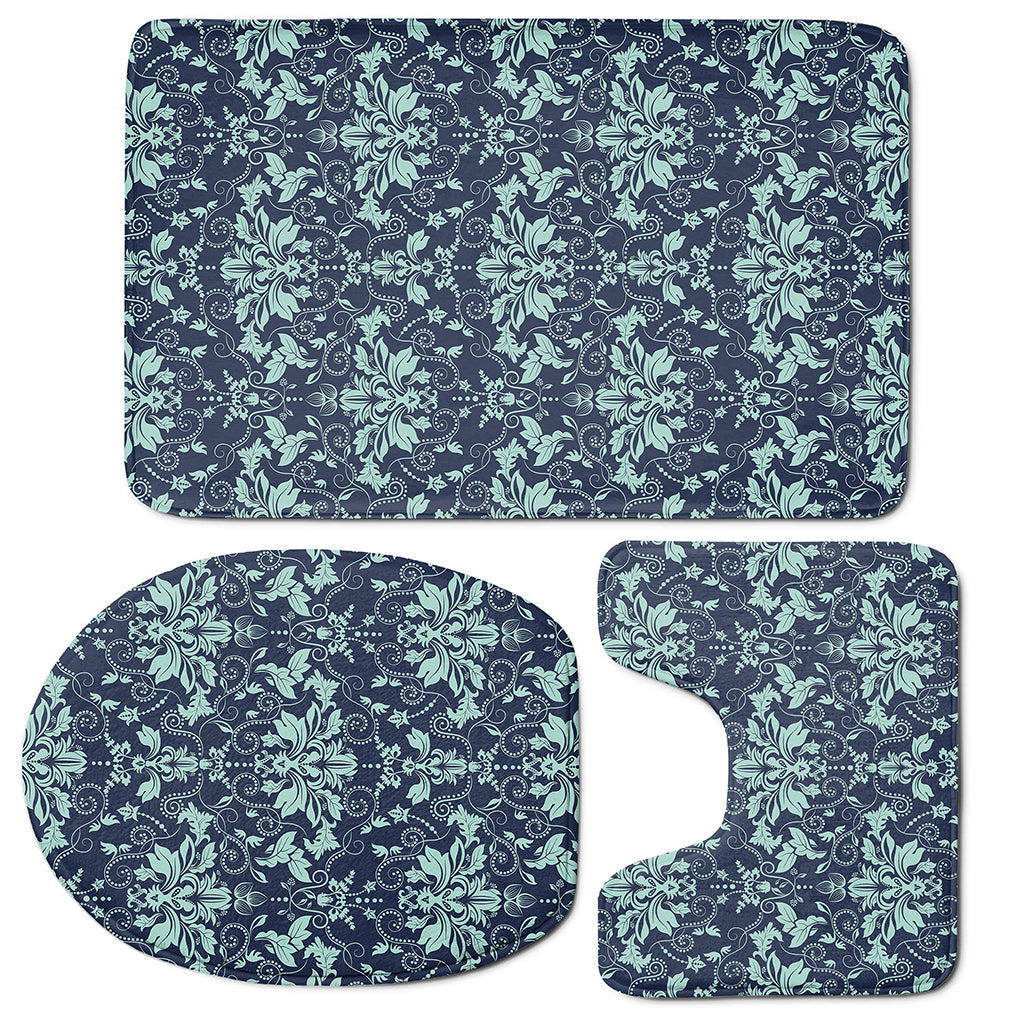 Blue And Teal Damask Pattern Print 3 Piece Bath Mat Set