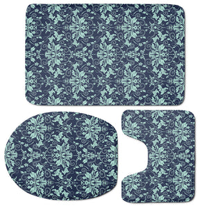 Blue And Teal Damask Pattern Print 3 Piece Bath Mat Set