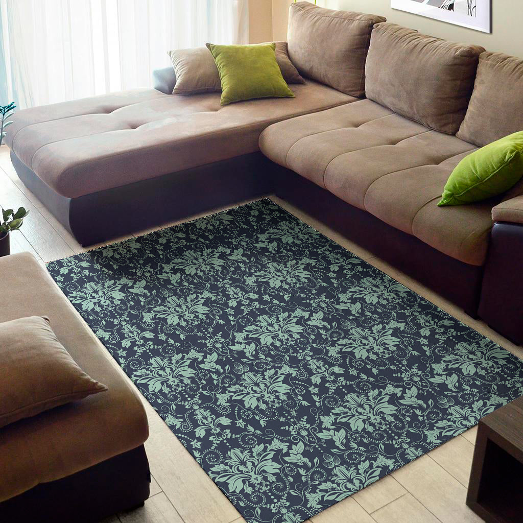 Blue And Teal Damask Pattern Print Area Rug