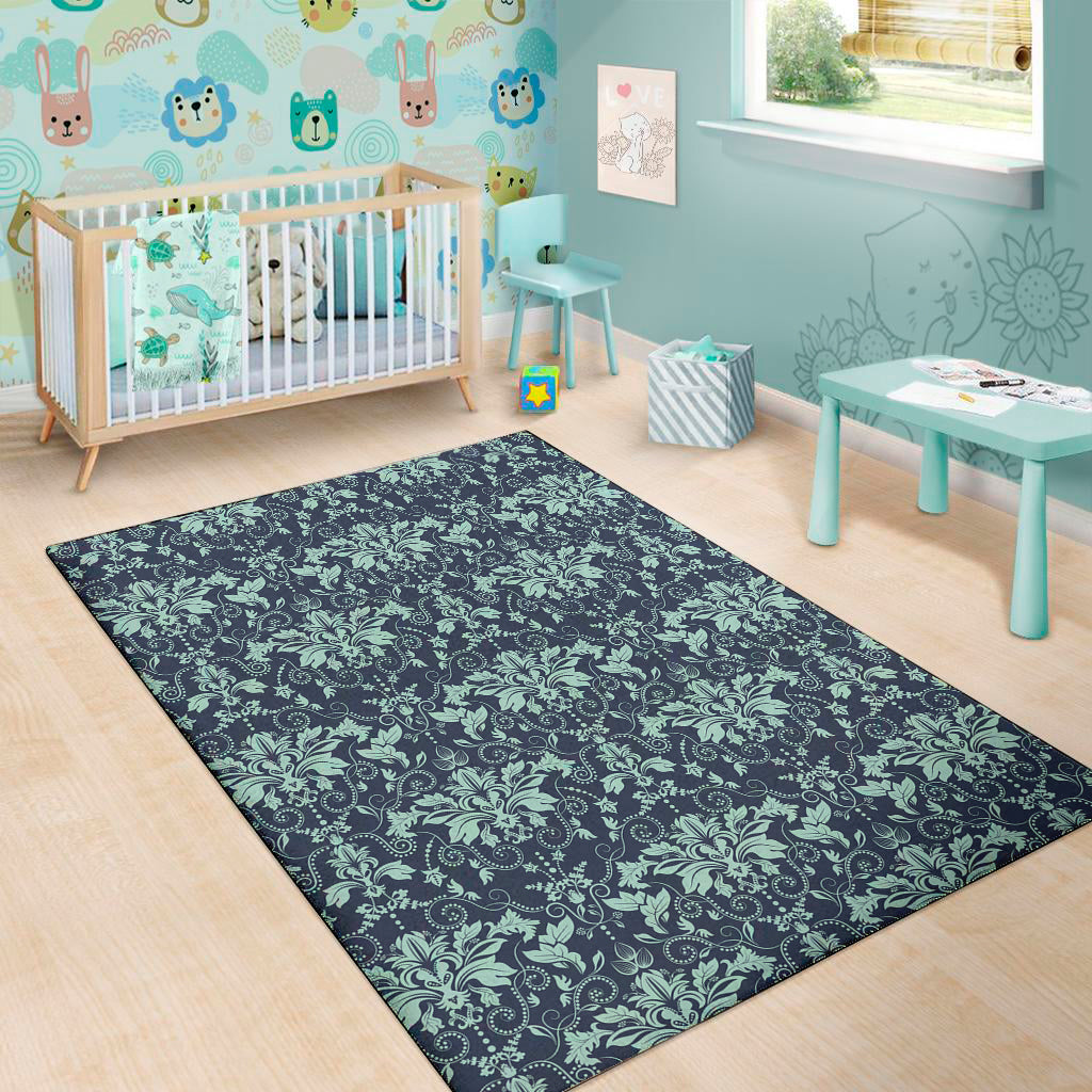 Blue And Teal Damask Pattern Print Area Rug