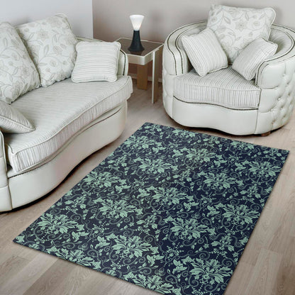 Blue And Teal Damask Pattern Print Area Rug
