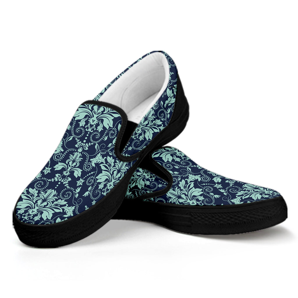Blue And Teal Damask Pattern Print Black Slip On Shoes