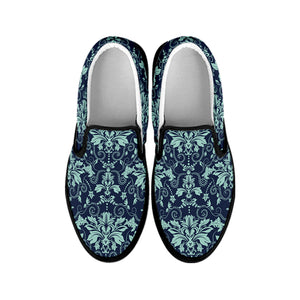 Blue And Teal Damask Pattern Print Black Slip On Shoes