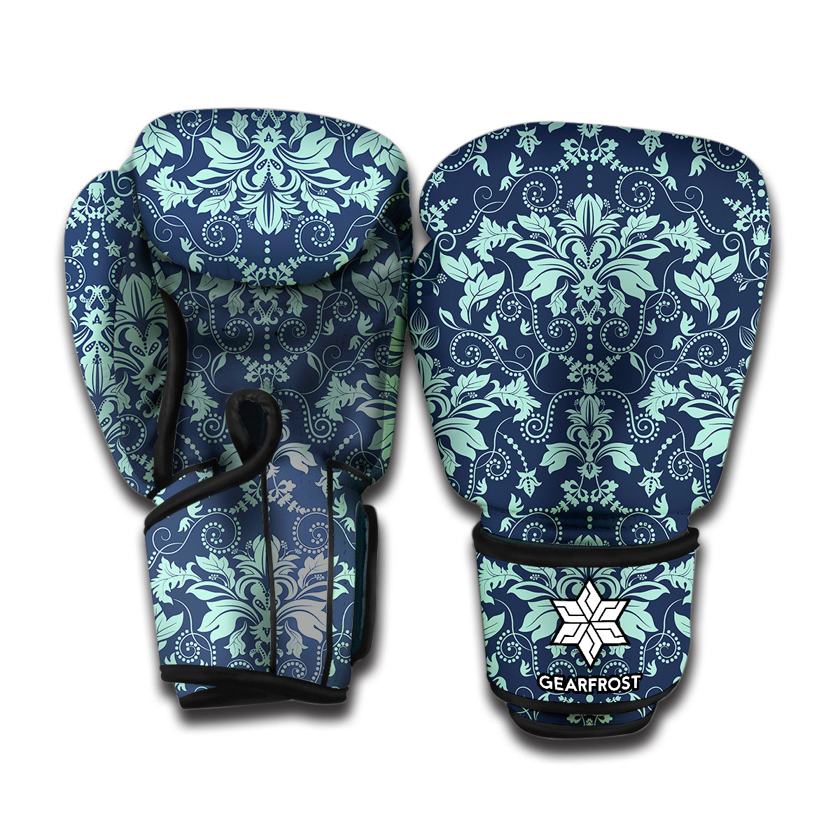Blue And Teal Damask Pattern Print Boxing Gloves