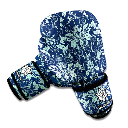 Blue And Teal Damask Pattern Print Boxing Gloves