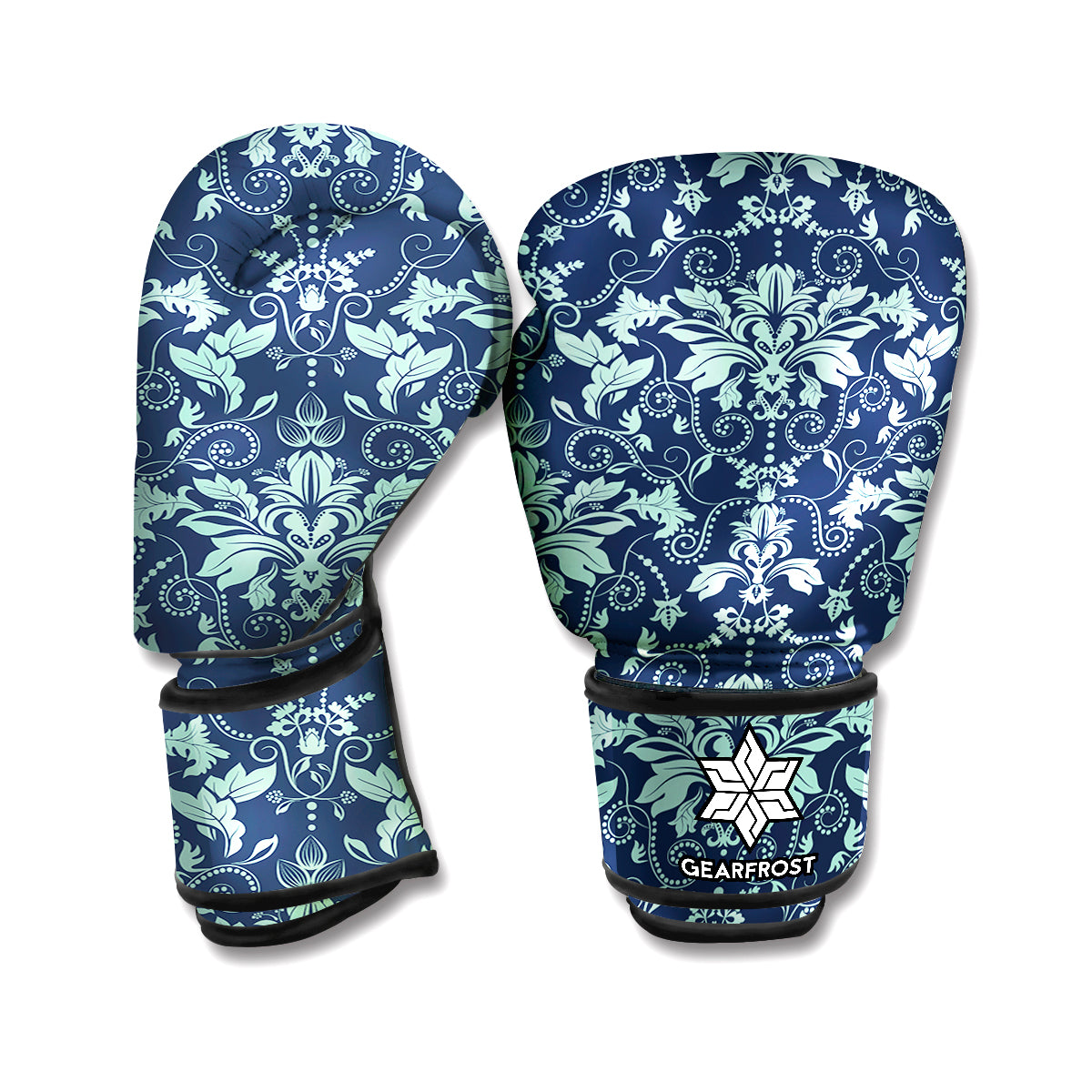 Blue And Teal Damask Pattern Print Boxing Gloves