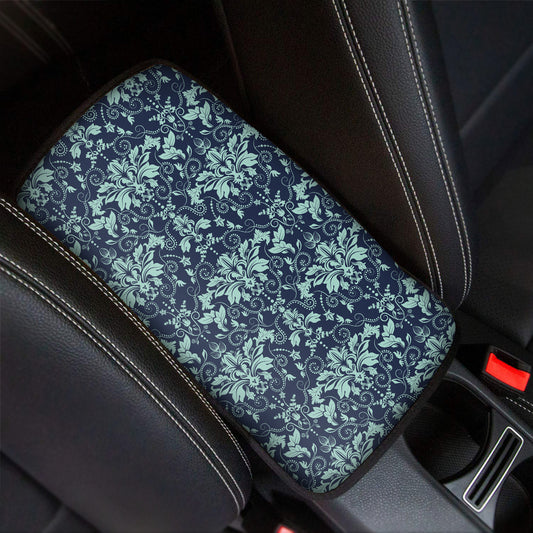 Blue And Teal Damask Pattern Print Car Center Console Cover