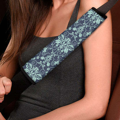 Blue And Teal Damask Pattern Print Car Seat Belt Covers