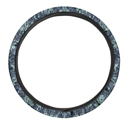 Blue And Teal Damask Pattern Print Car Steering Wheel Cover