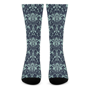 Blue And Teal Damask Pattern Print Crew Socks