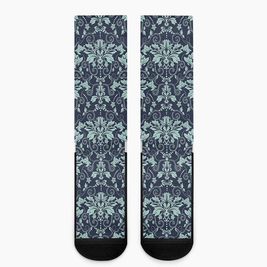 Blue And Teal Damask Pattern Print Crew Socks