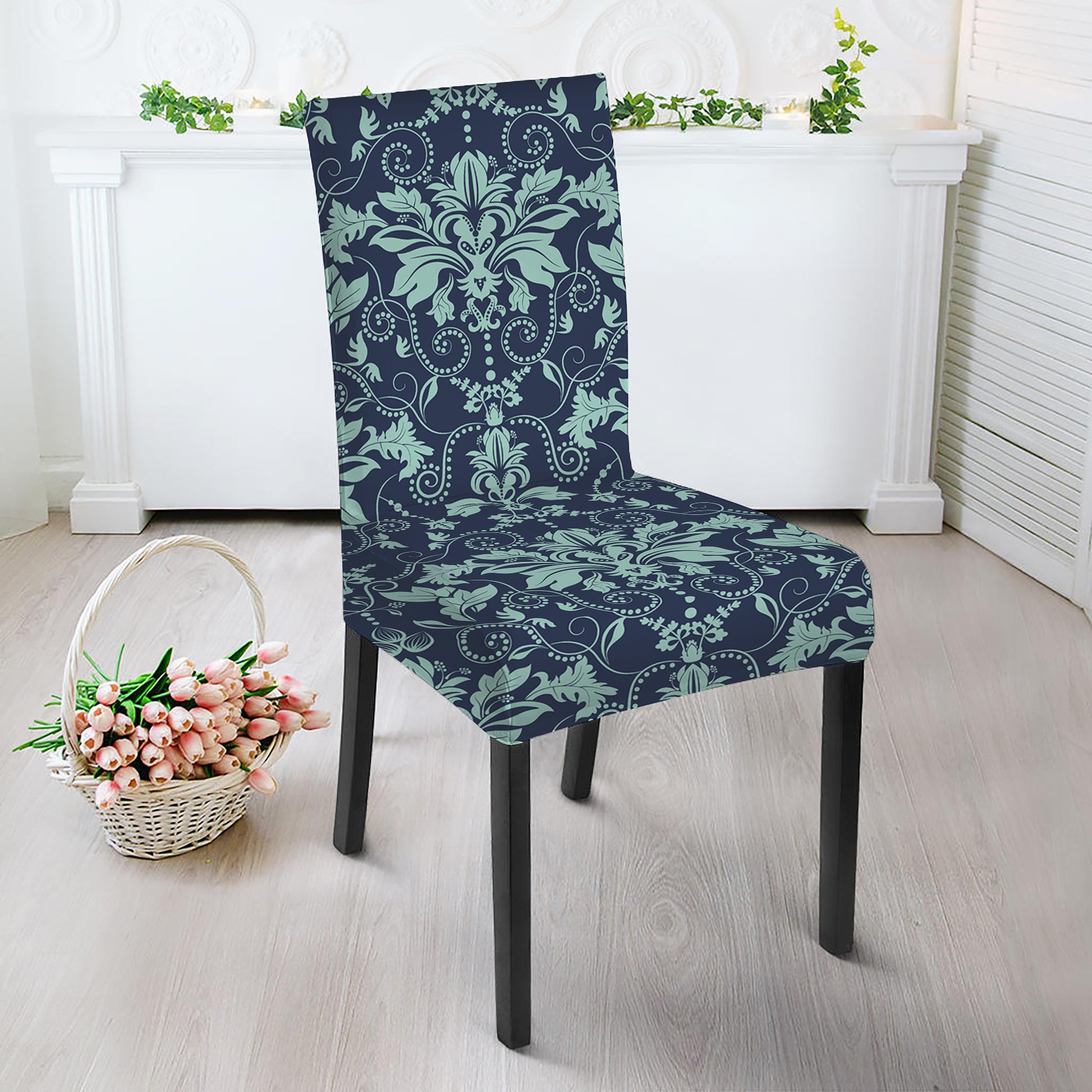 Blue And Teal Damask Pattern Print Dining Chair Slipcover