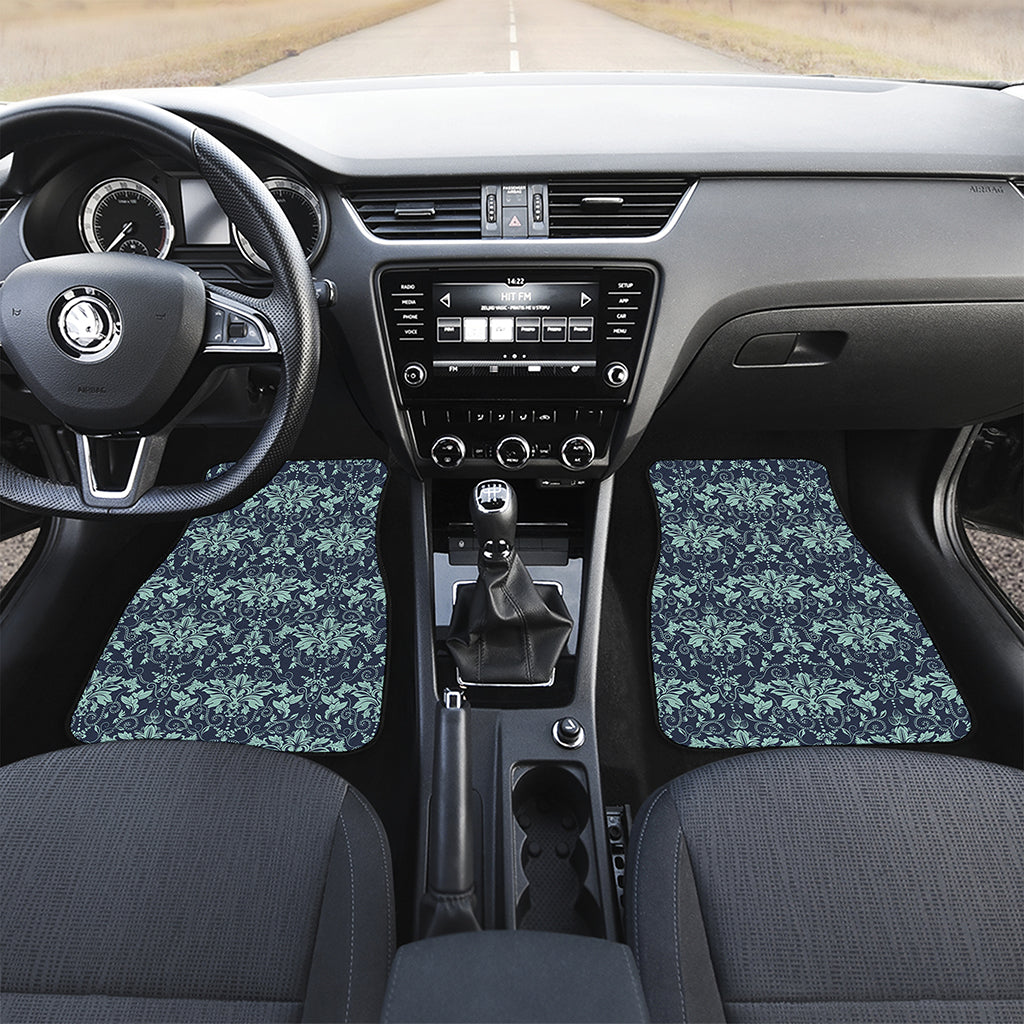 Blue And Teal Damask Pattern Print Front and Back Car Floor Mats