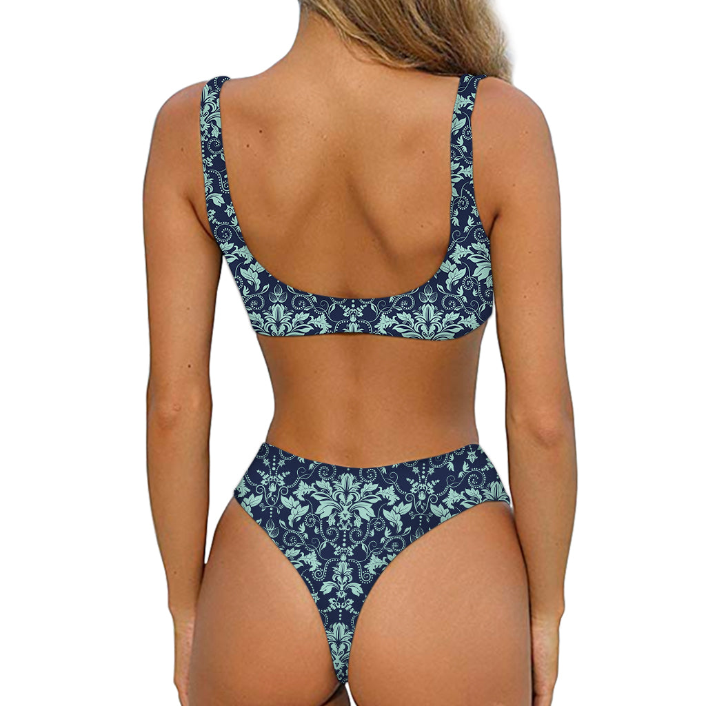 Blue And Teal Damask Pattern Print Front Bow Tie Bikini