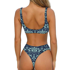 Blue And Teal Damask Pattern Print Front Bow Tie Bikini