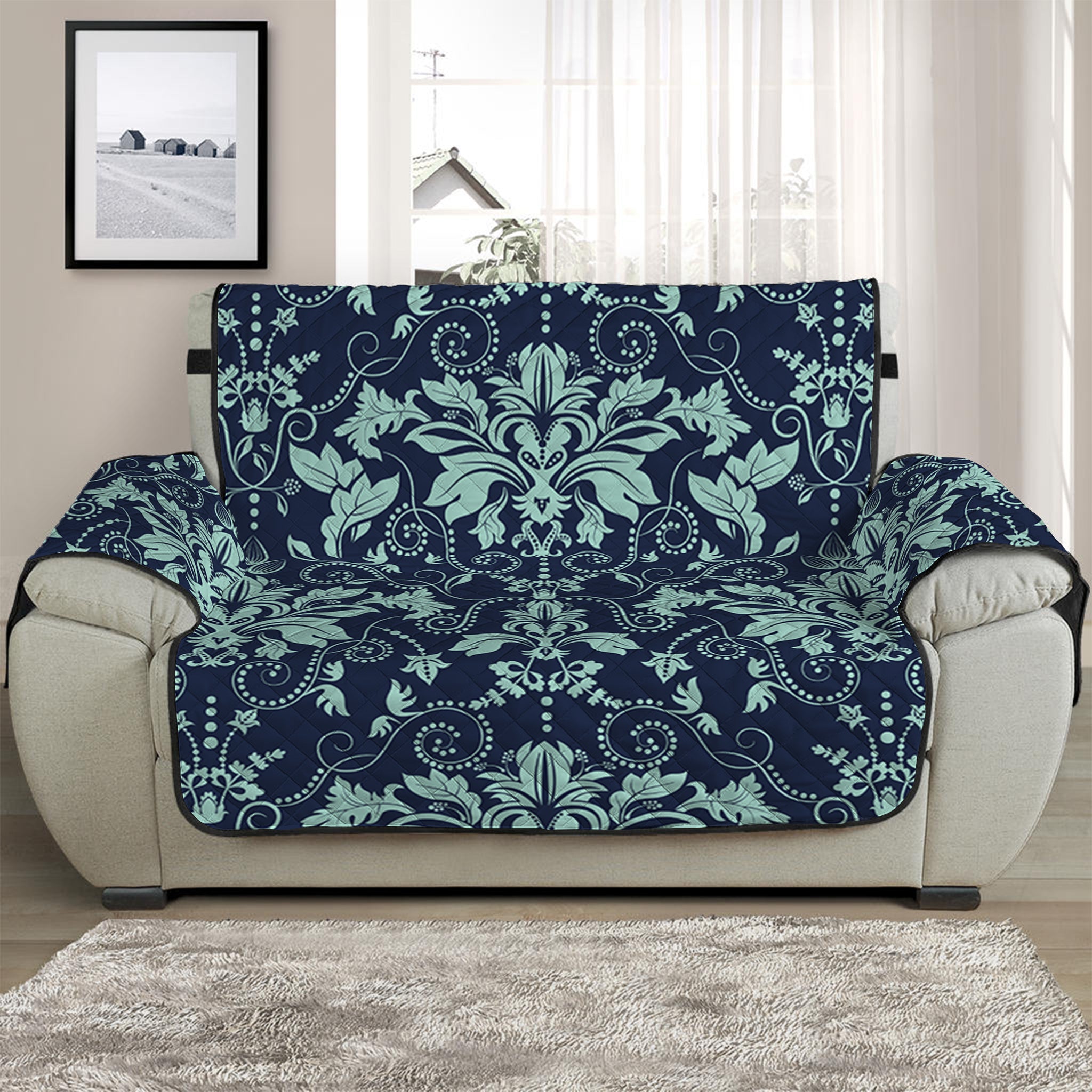 Blue And Teal Damask Pattern Print Half Sofa Protector