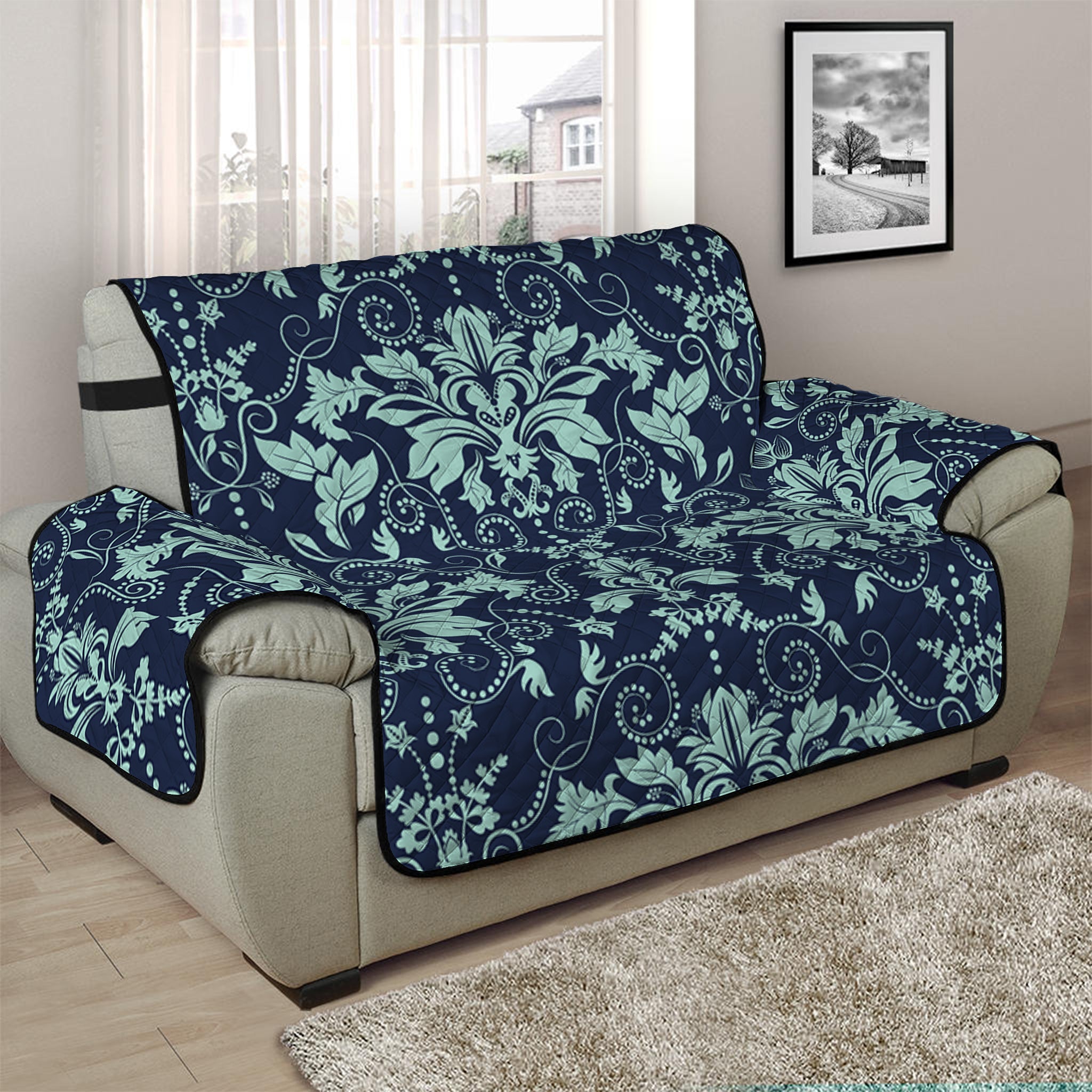 Blue And Teal Damask Pattern Print Half Sofa Protector