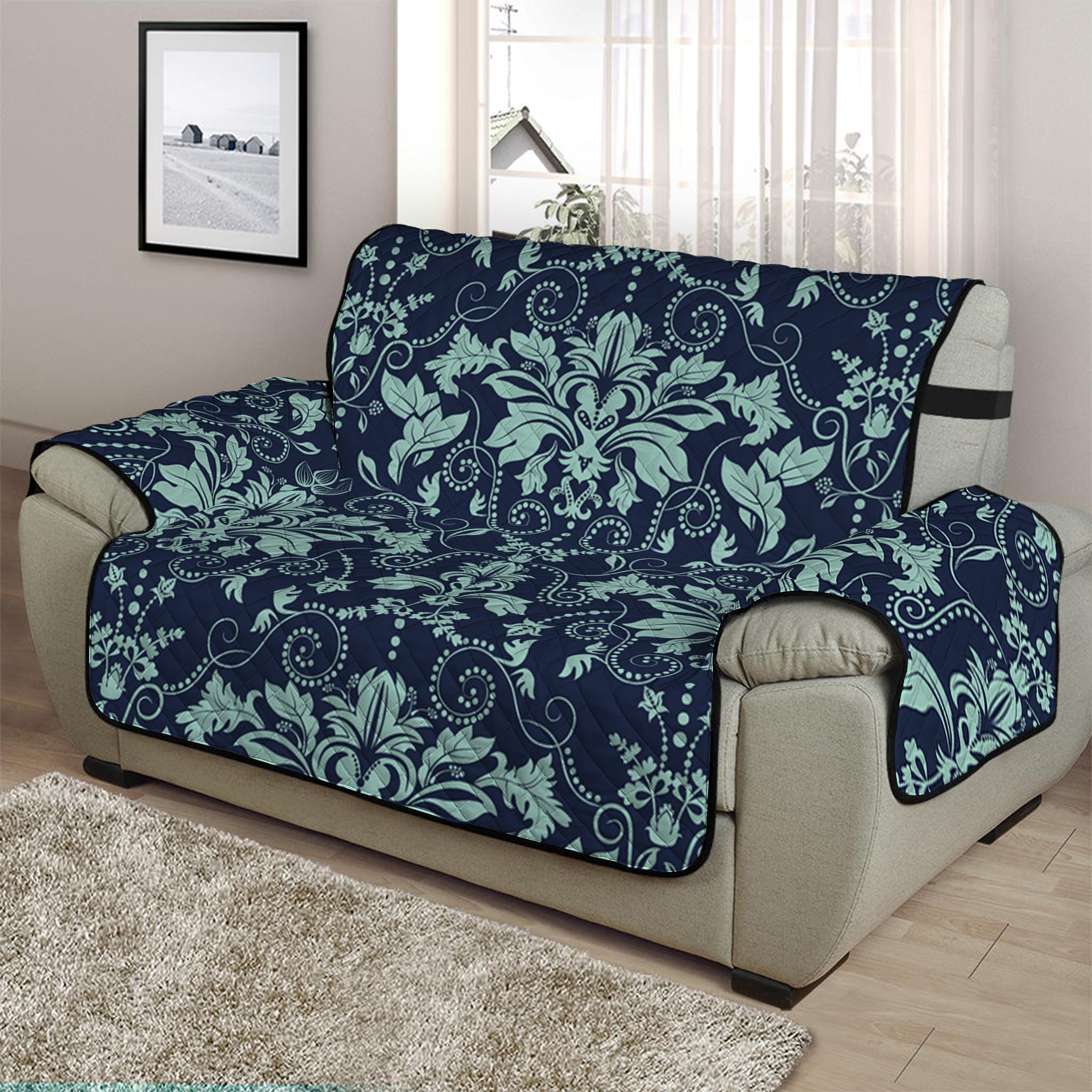 Blue And Teal Damask Pattern Print Half Sofa Protector