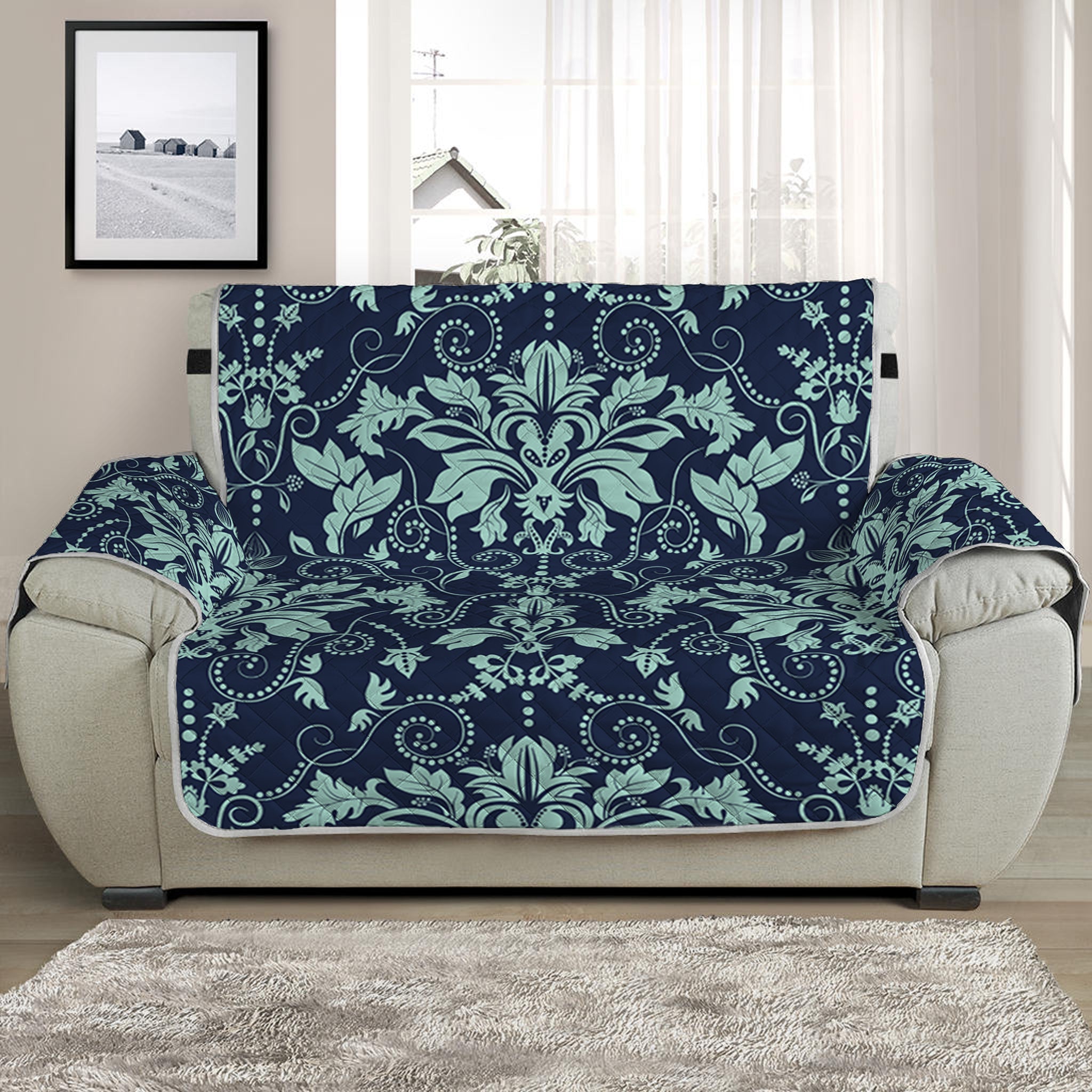 Blue And Teal Damask Pattern Print Half Sofa Protector