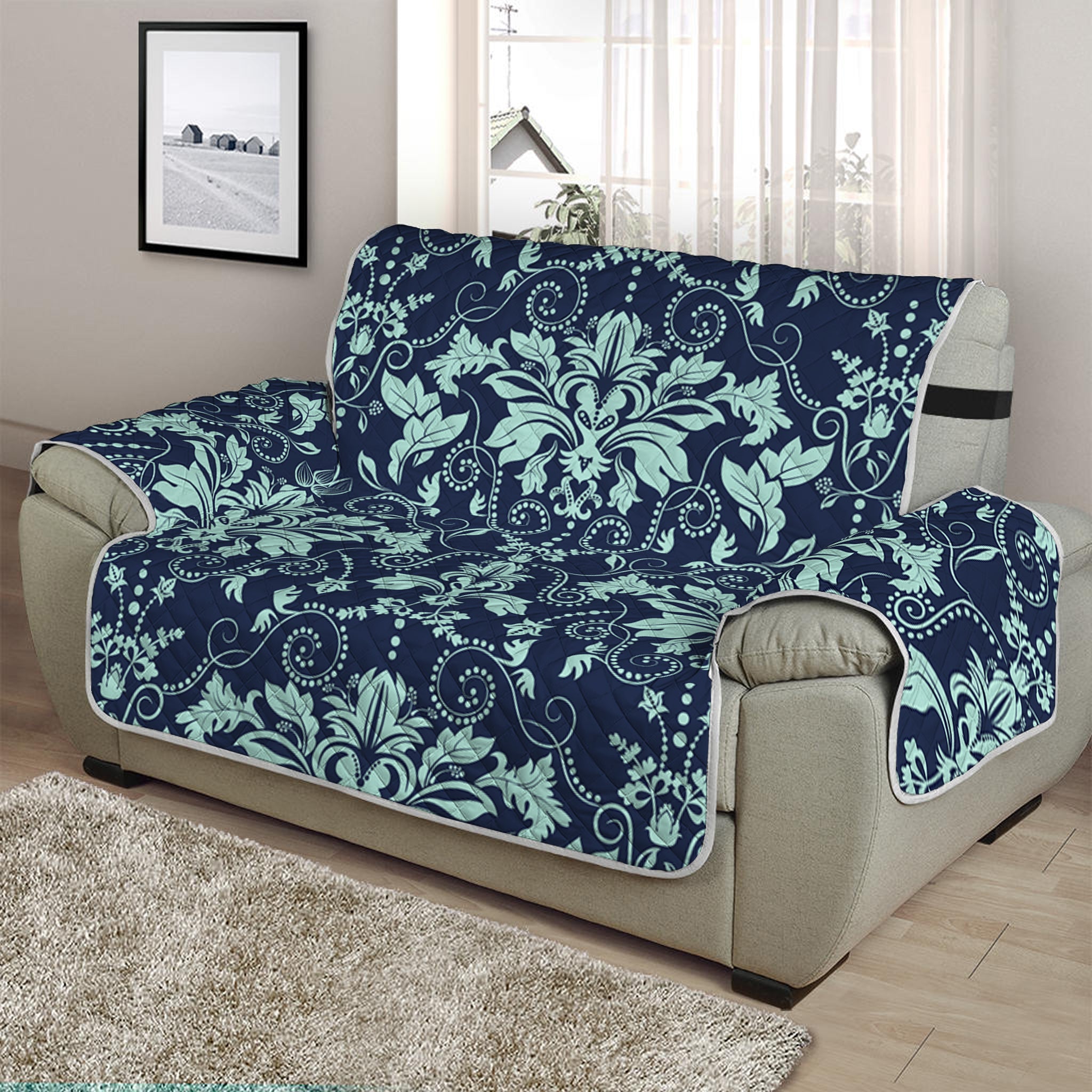 Blue And Teal Damask Pattern Print Half Sofa Protector