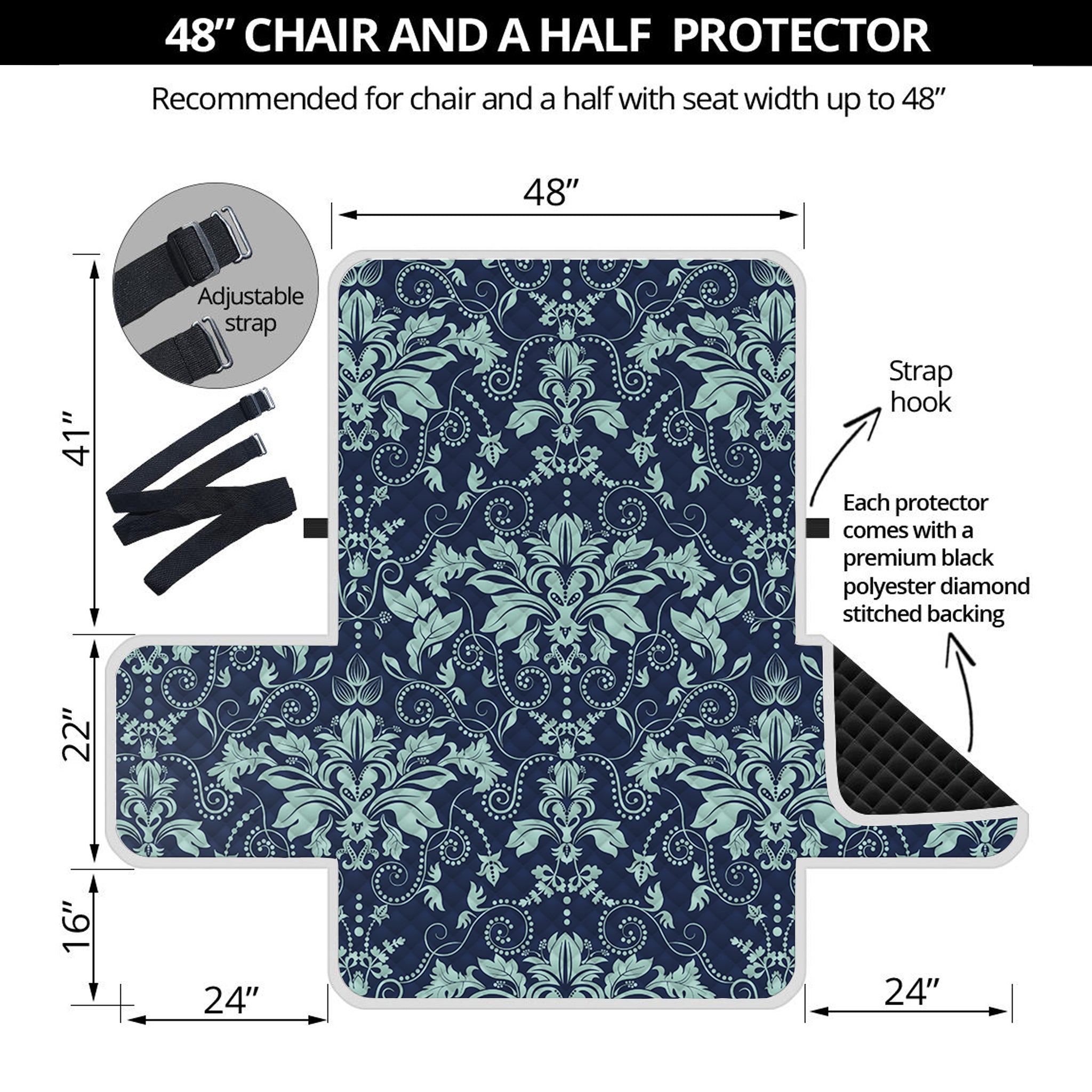 Blue And Teal Damask Pattern Print Half Sofa Protector