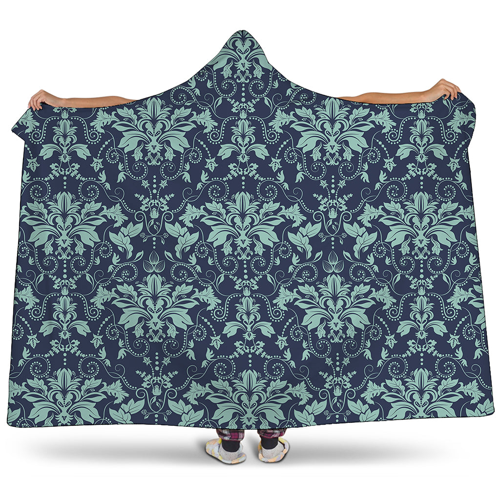 Blue And Teal Damask Pattern Print Hooded Blanket