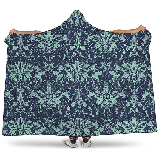 Blue And Teal Damask Pattern Print Hooded Blanket