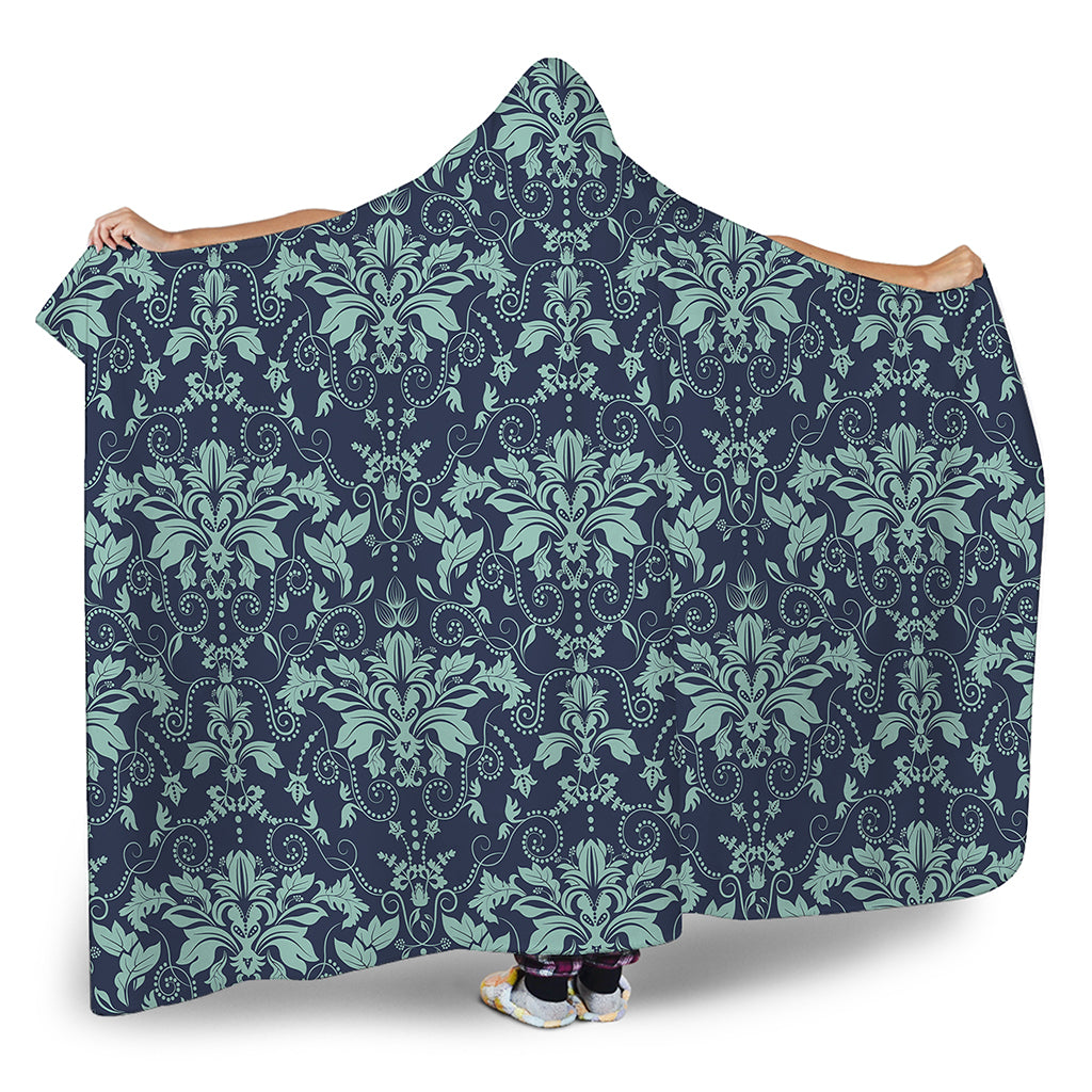 Blue And Teal Damask Pattern Print Hooded Blanket