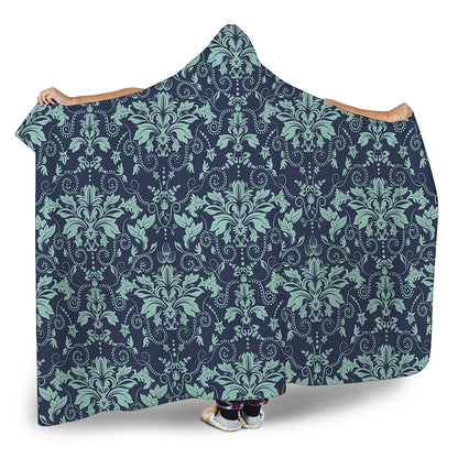 Blue And Teal Damask Pattern Print Hooded Blanket