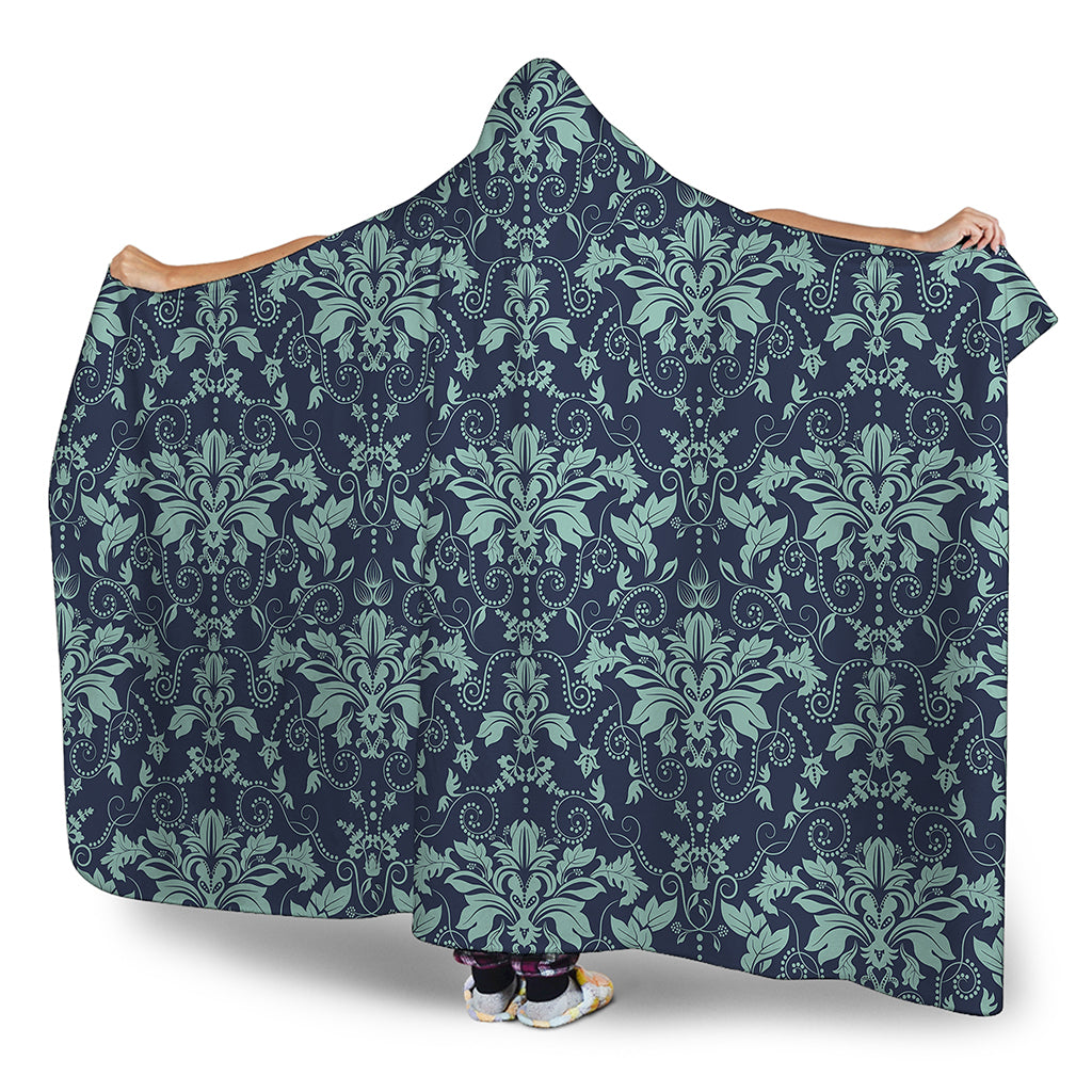 Blue And Teal Damask Pattern Print Hooded Blanket