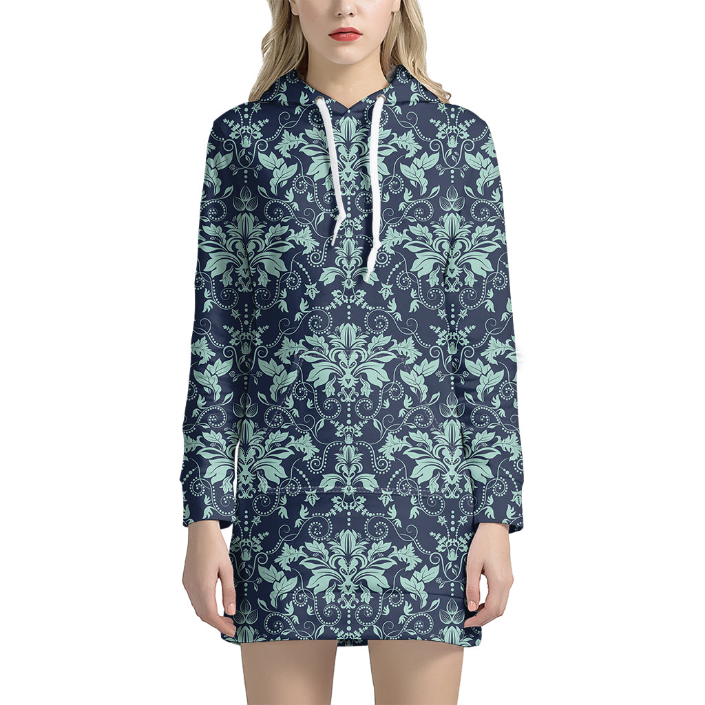 Blue And Teal Damask Pattern Print Hoodie Dress