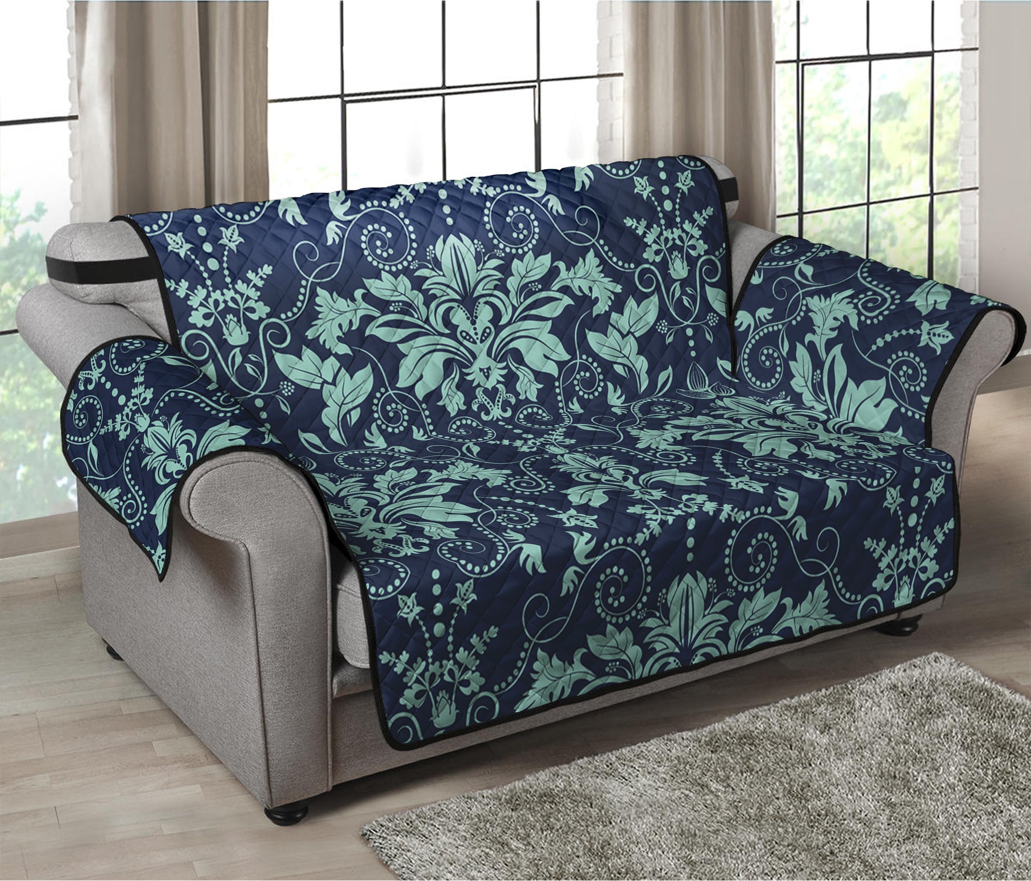 Blue And Teal Damask Pattern Print Loveseat Protector