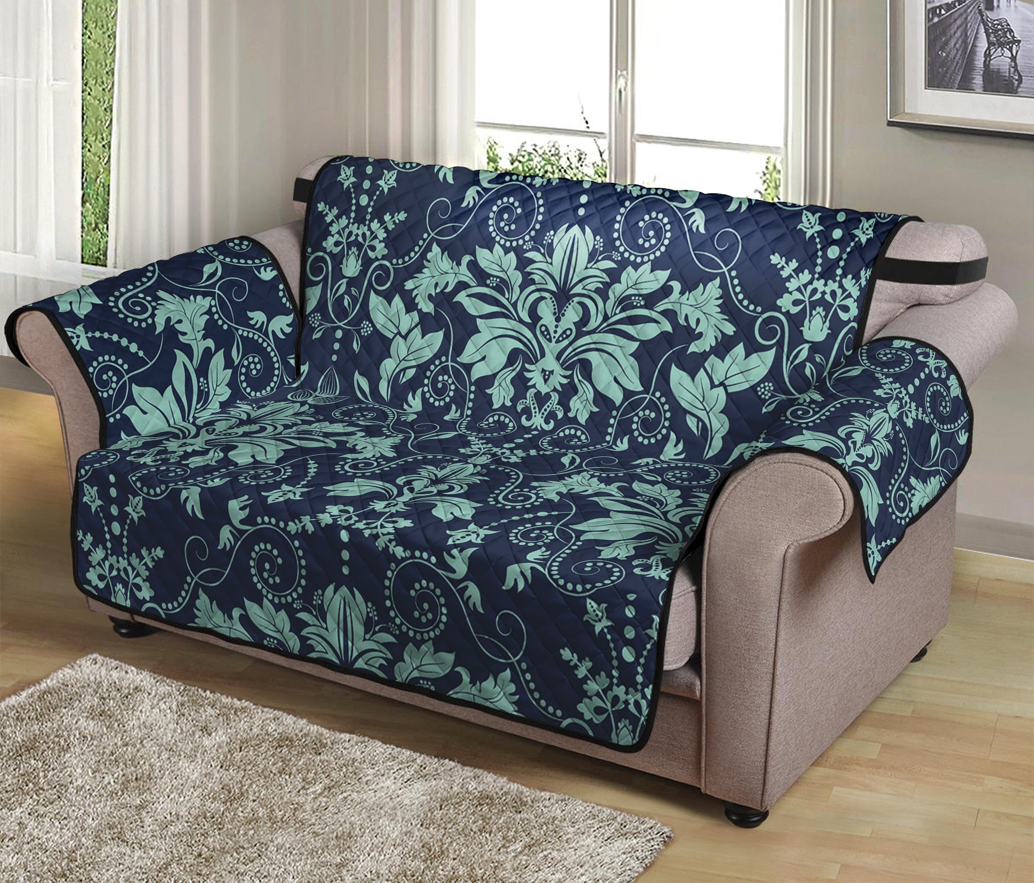 Blue And Teal Damask Pattern Print Loveseat Protector