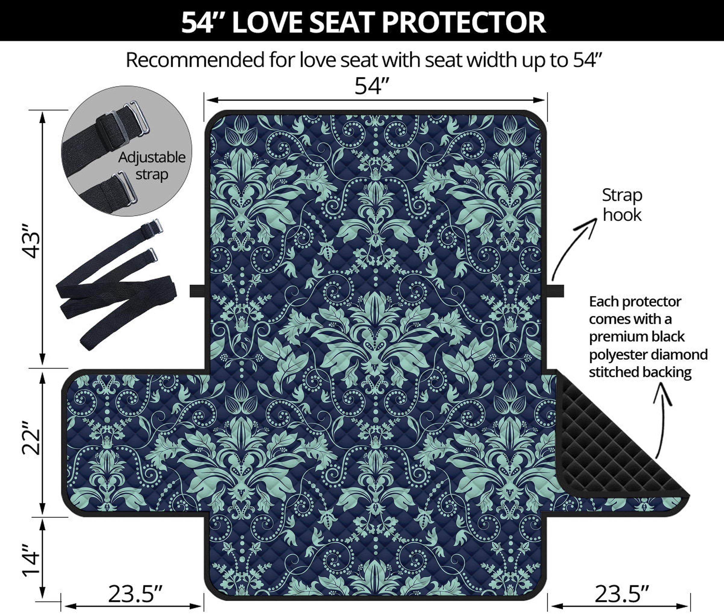 Blue And Teal Damask Pattern Print Loveseat Protector