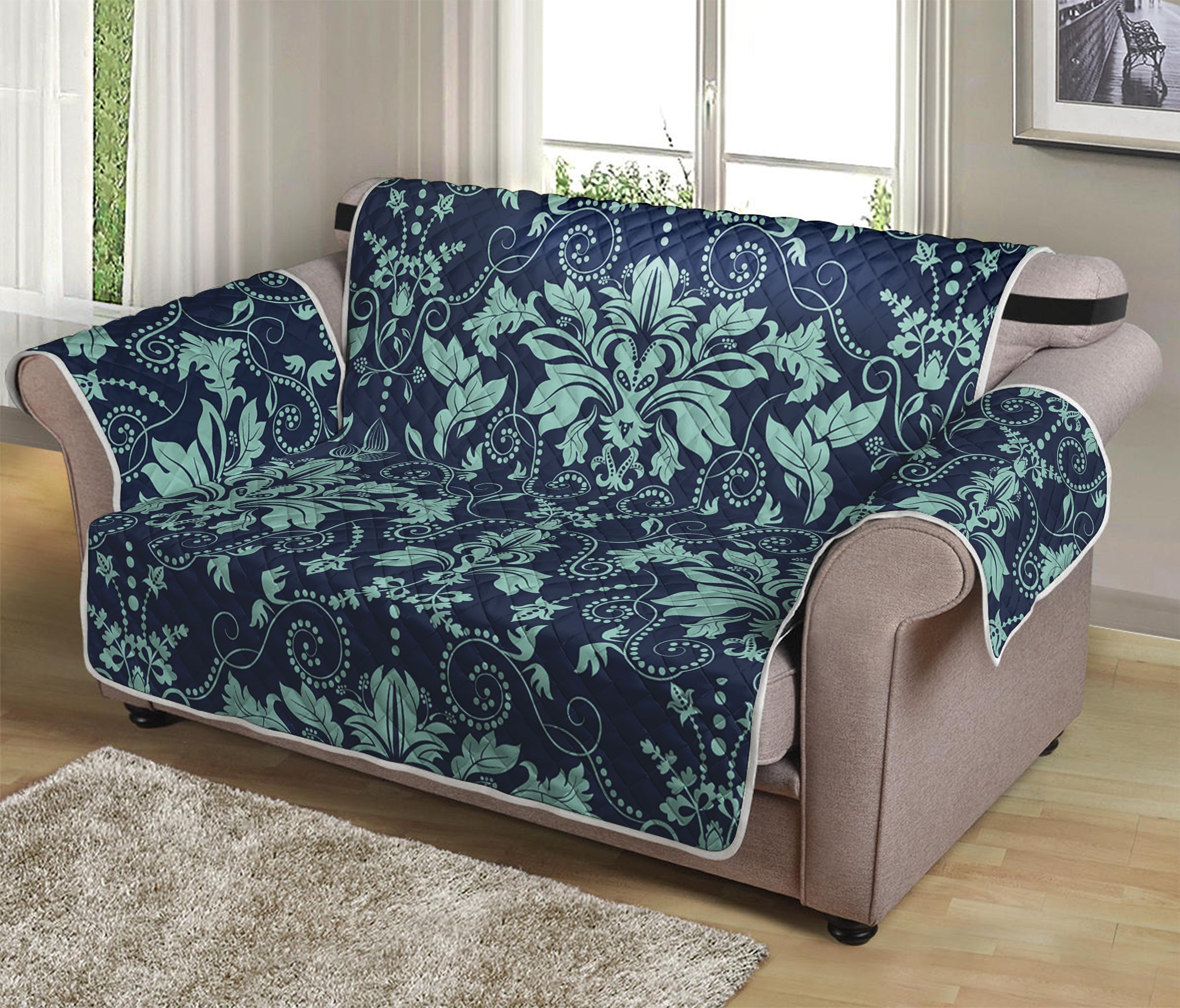 Blue And Teal Damask Pattern Print Loveseat Protector