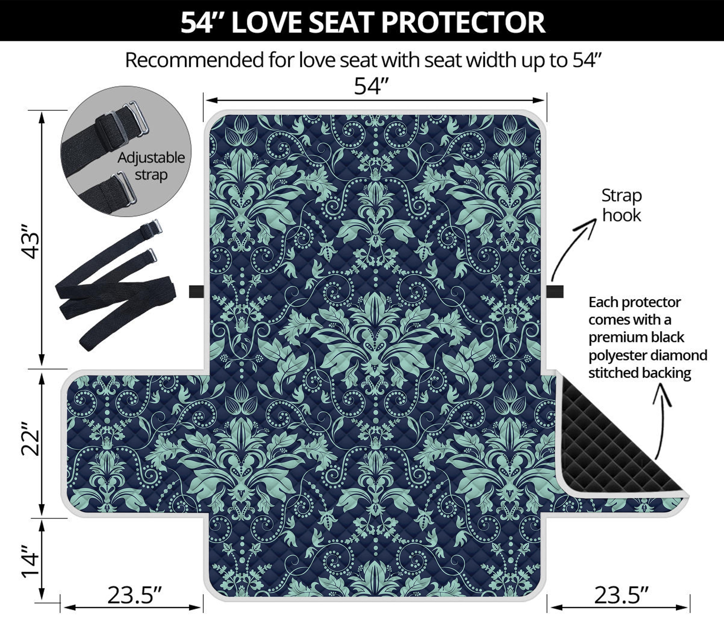 Blue And Teal Damask Pattern Print Loveseat Protector