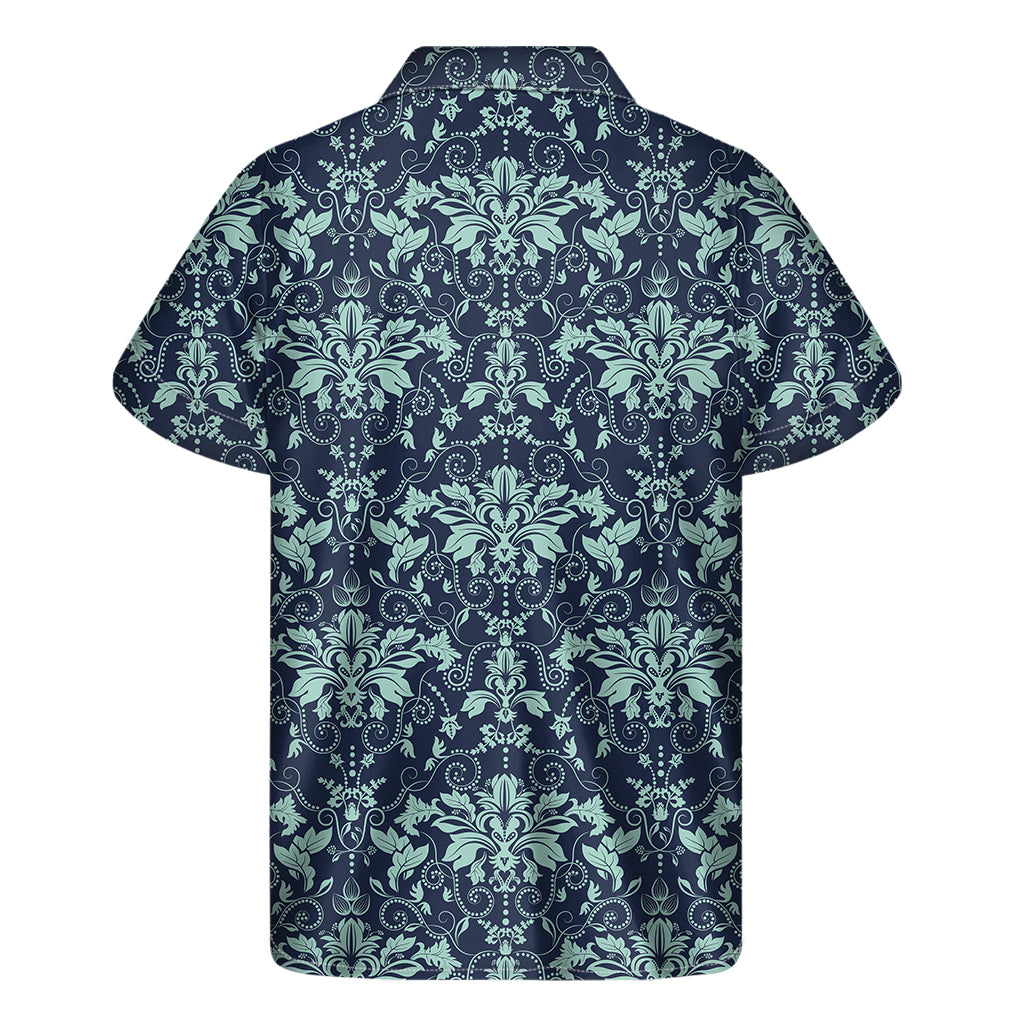 Blue And Teal Damask Pattern Print Men's Short Sleeve Shirt