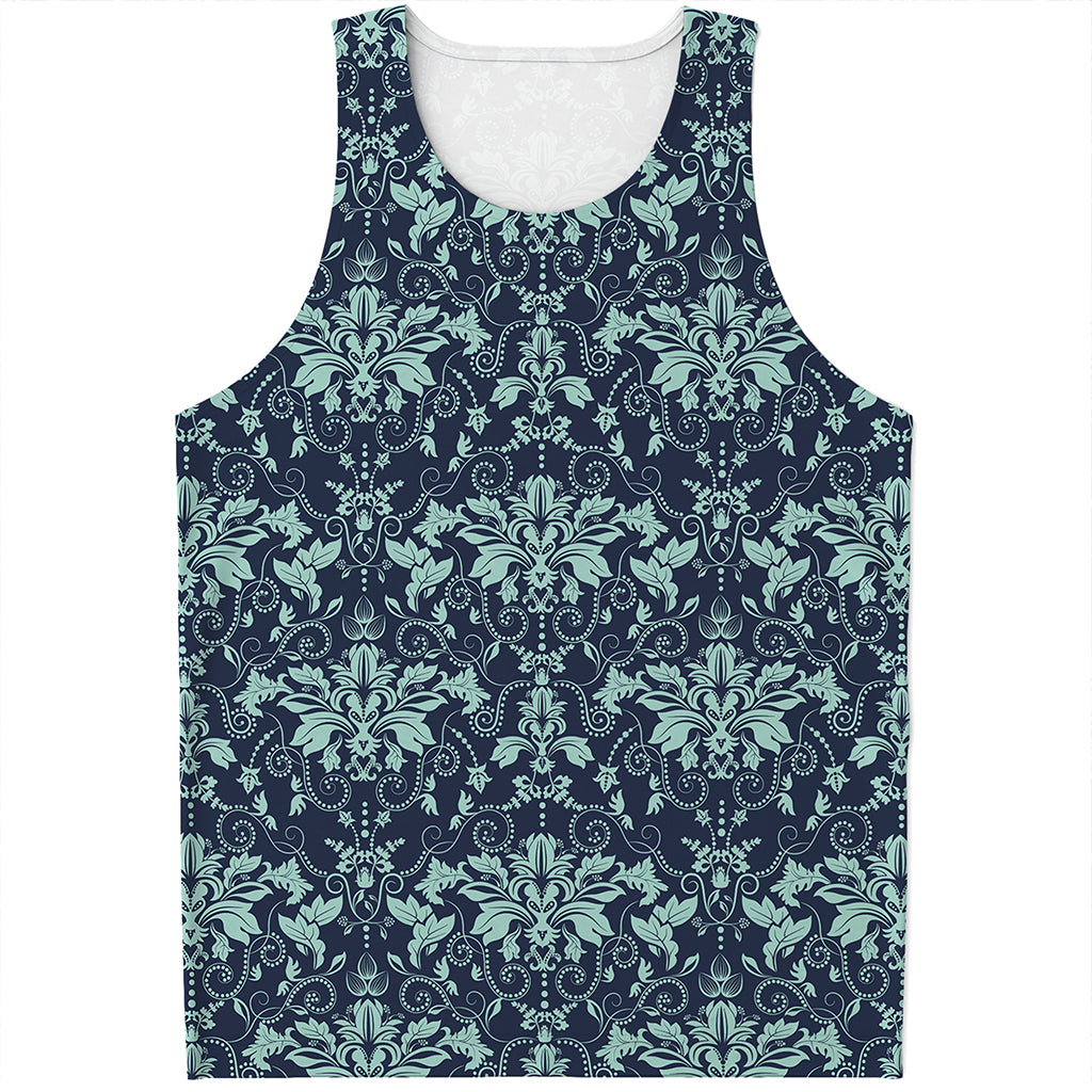 Blue And Teal Damask Pattern Print Men's Tank Top