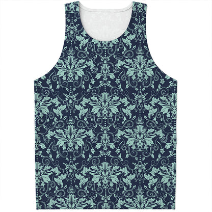 Blue And Teal Damask Pattern Print Men's Tank Top