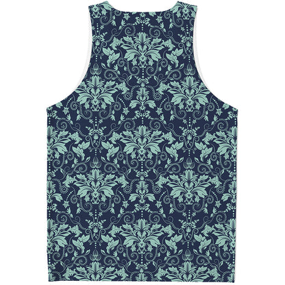 Blue And Teal Damask Pattern Print Men's Tank Top