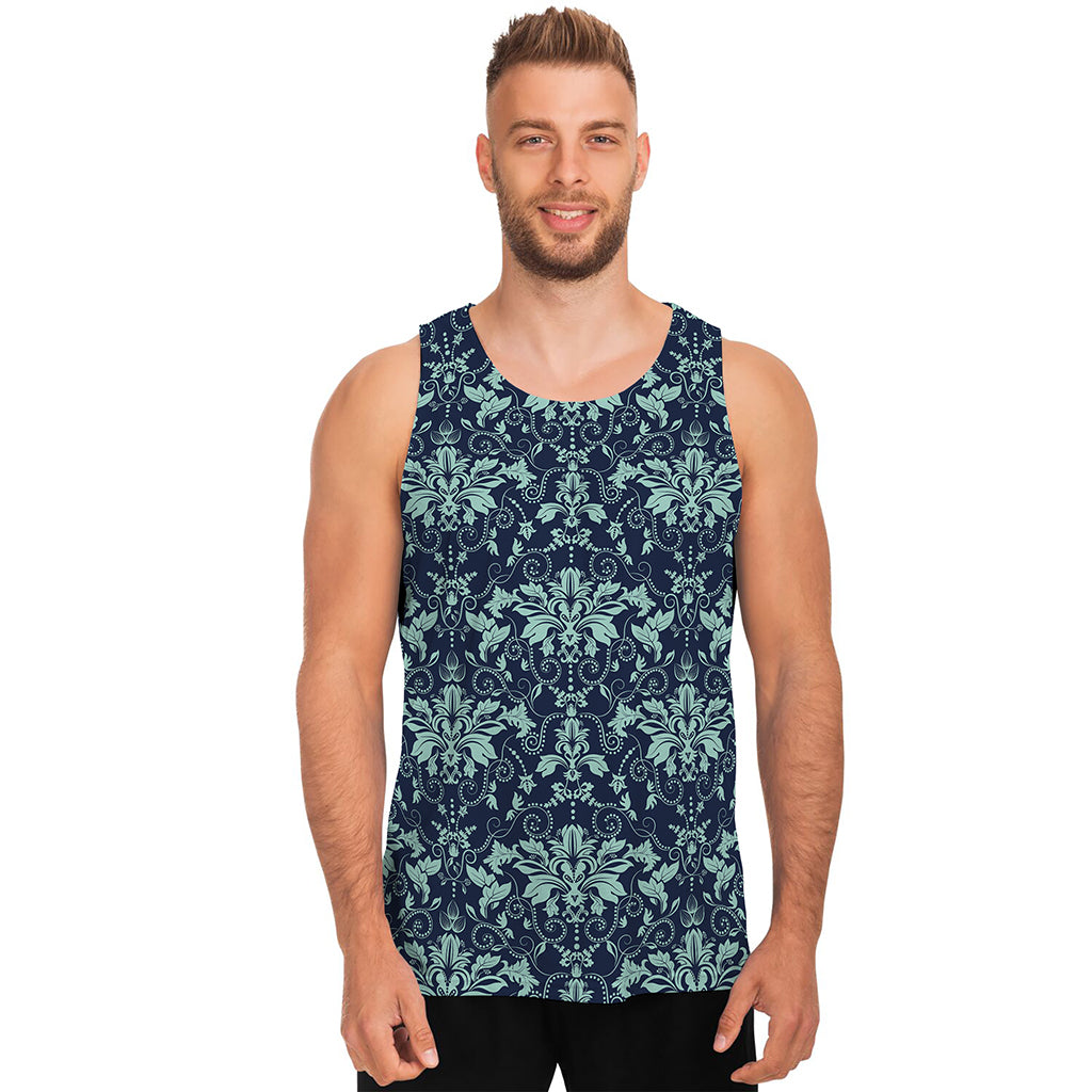 Blue And Teal Damask Pattern Print Men's Tank Top
