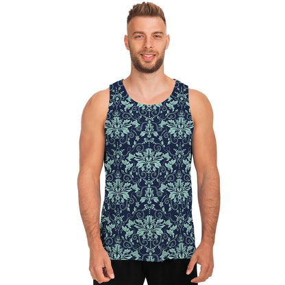 Blue And Teal Damask Pattern Print Men's Tank Top