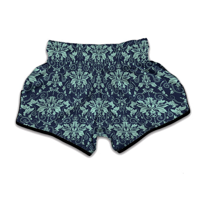 Blue And Teal Damask Pattern Print Muay Thai Boxing Shorts