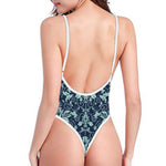Blue And Teal Damask Pattern Print One Piece High Cut Swimsuit