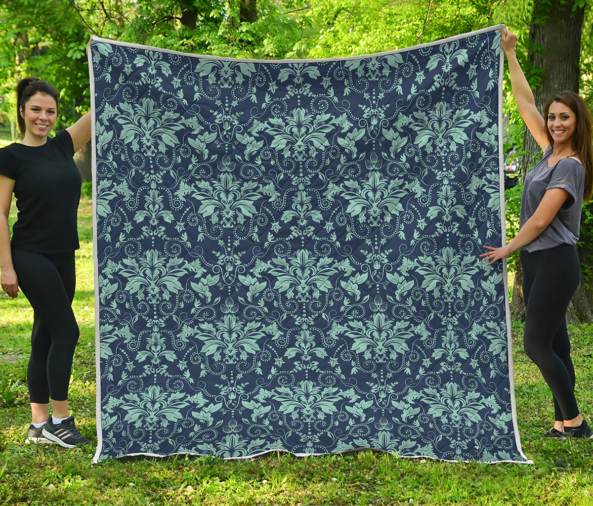 Blue And Teal Damask Pattern Print Quilt