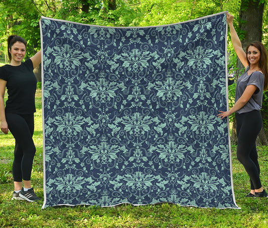 Blue And Teal Damask Pattern Print Quilt