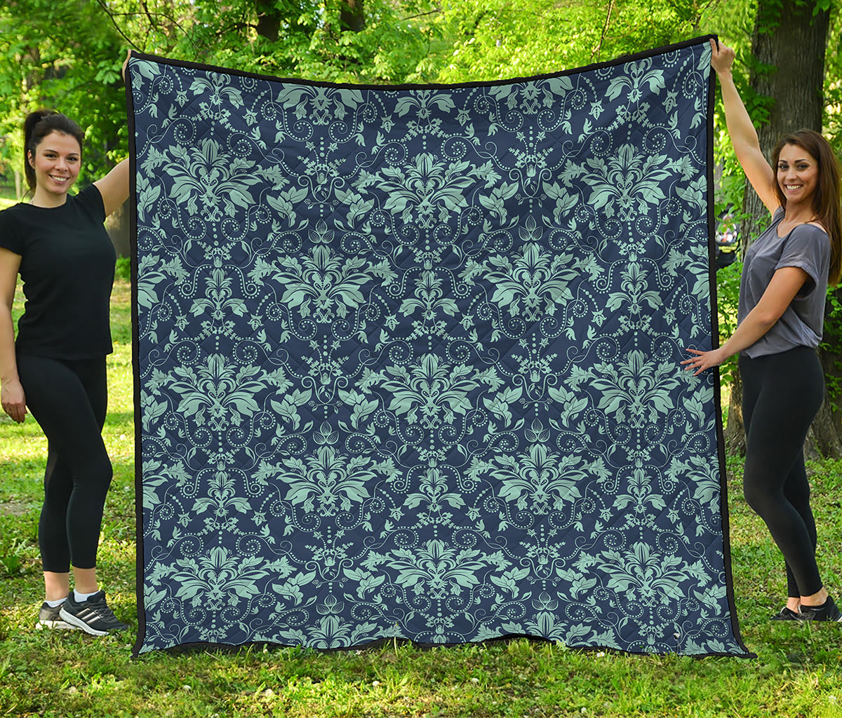 Blue And Teal Damask Pattern Print Quilt
