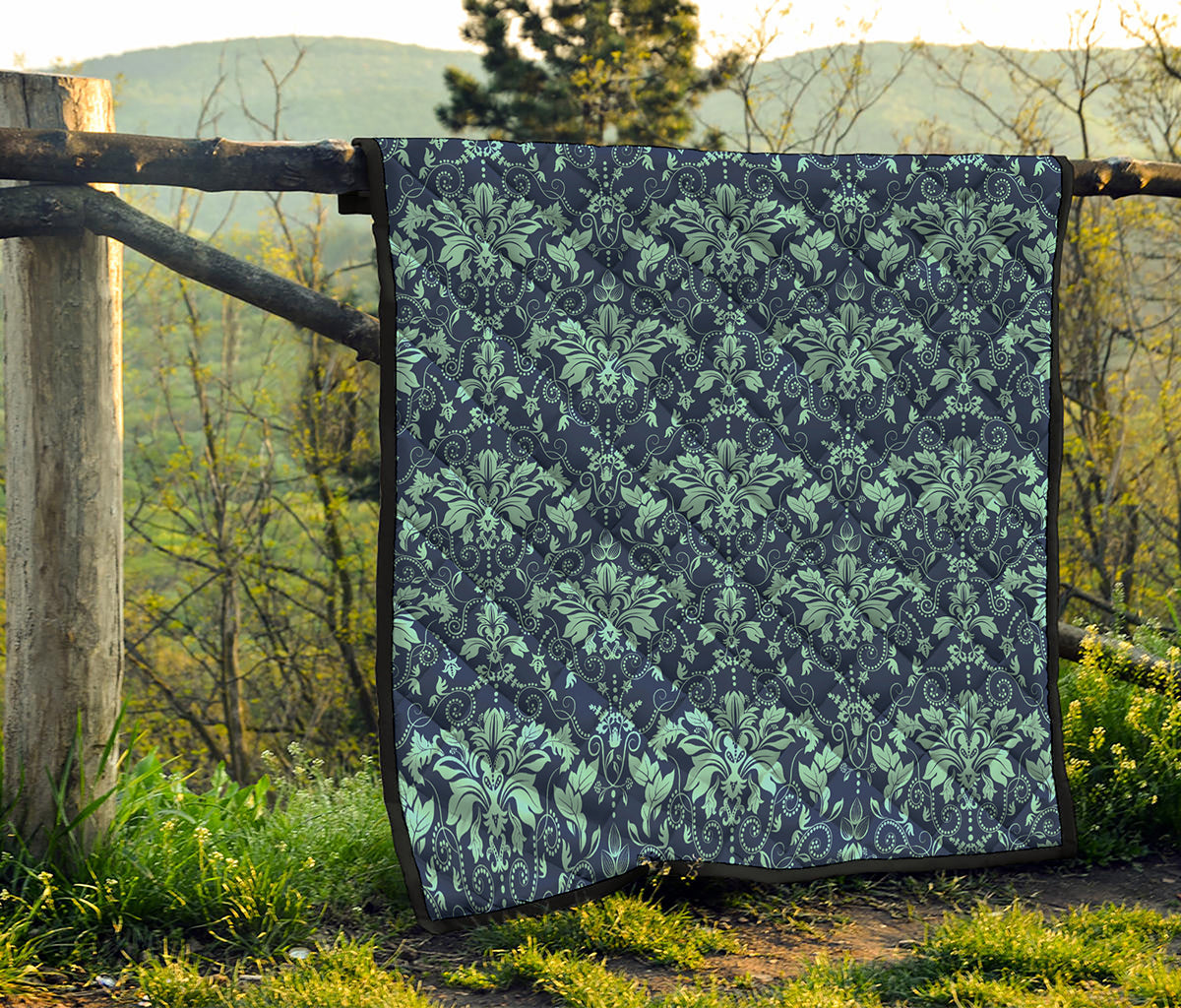 Blue And Teal Damask Pattern Print Quilt