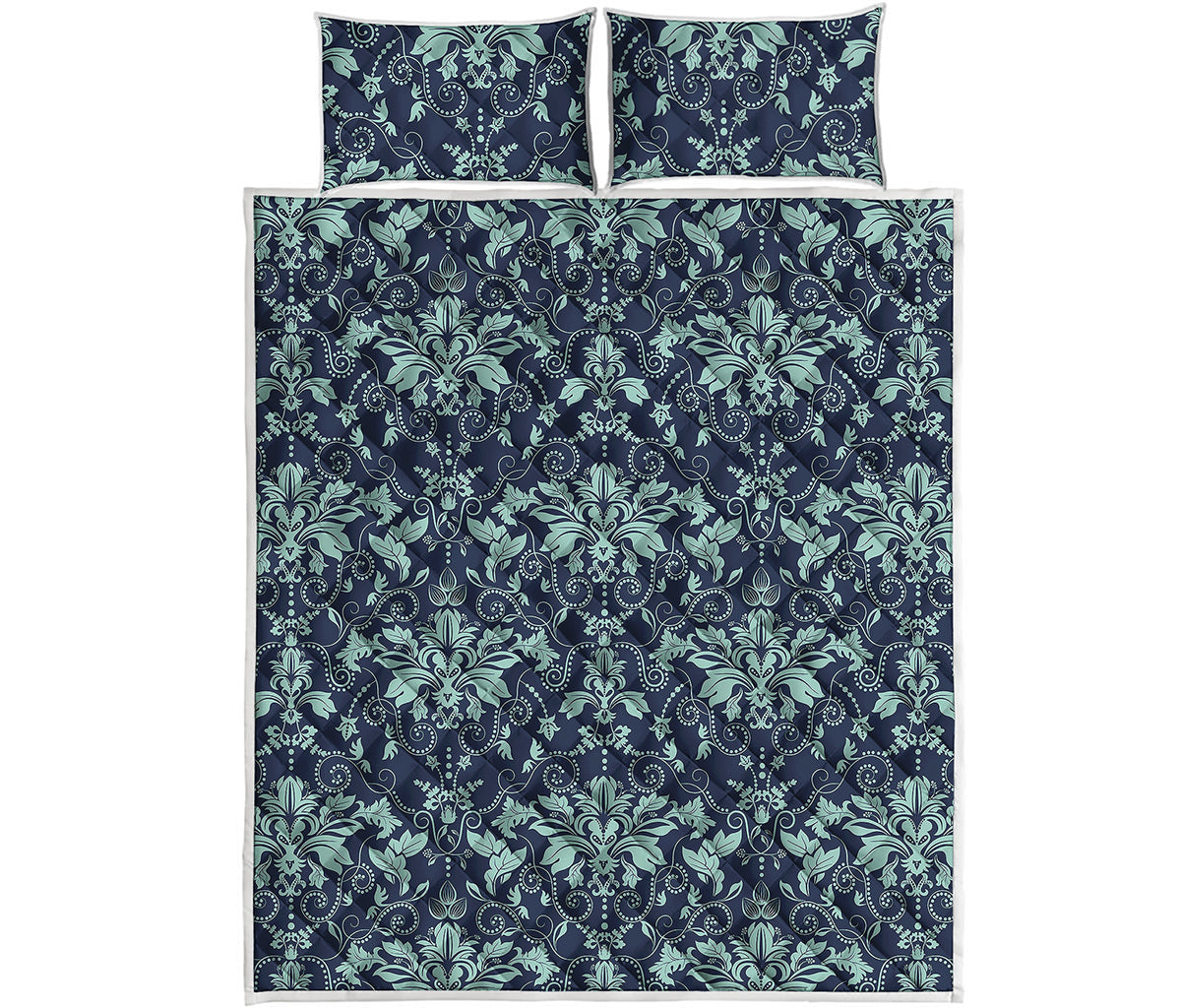 Blue And Teal Damask Pattern Print Quilt Bed Set